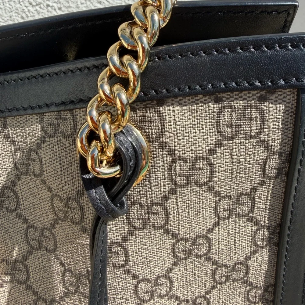 Gucci Beige GG Supreme Canvas Tote with Black Leather Trim and Gold Hardware